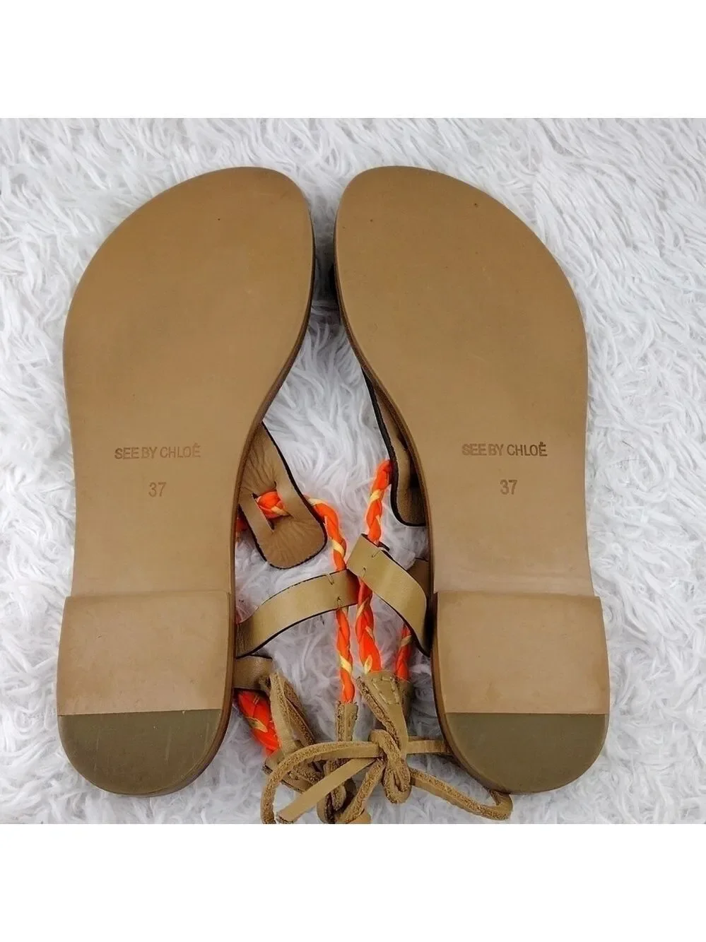 See By Chloe Tan Leather Almond Toe Thong Braided T-Strap Ankle Lace Sandal Shoe